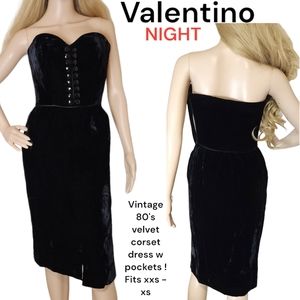 Valentino Women's Vintage 80's Night Black velvet satin corset bodice dress XXS